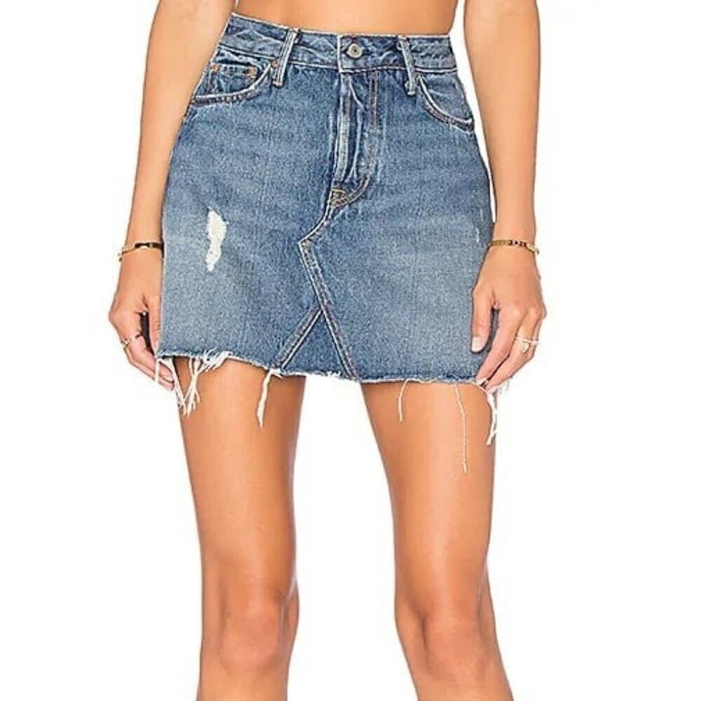 GRLFRND Eva A-Frame Gusset Denim Jean Skirt in Walk This Way